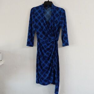 Maggy London Wrap Dress‎ – Blue Geometric Print, Size Small